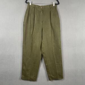 Talbots Pants Womens 14 Petite Green Pleated Irish Linen Lined Pockets Cuffed